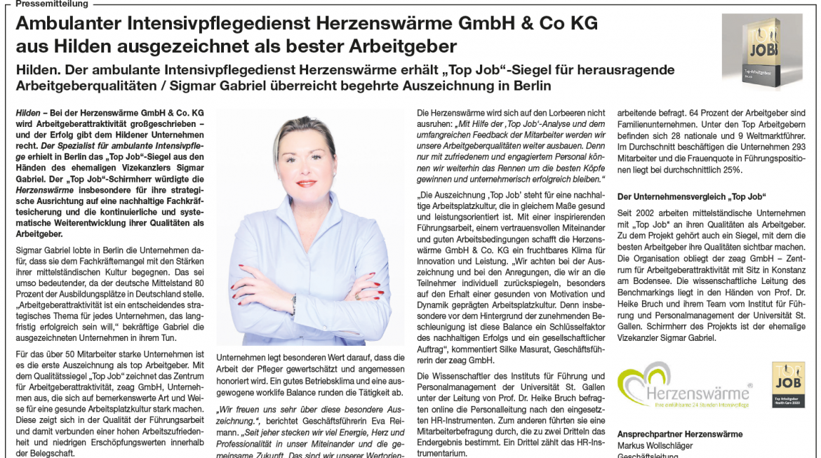 Ambulanter Intensivpflegedienst Herzenswärme GmbH & Co KG aus Hilden ausgezeichnet als bester Arbeitgeber